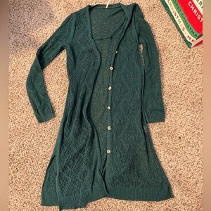 Vintage Free People Dark Green Openwork Long Cardigan